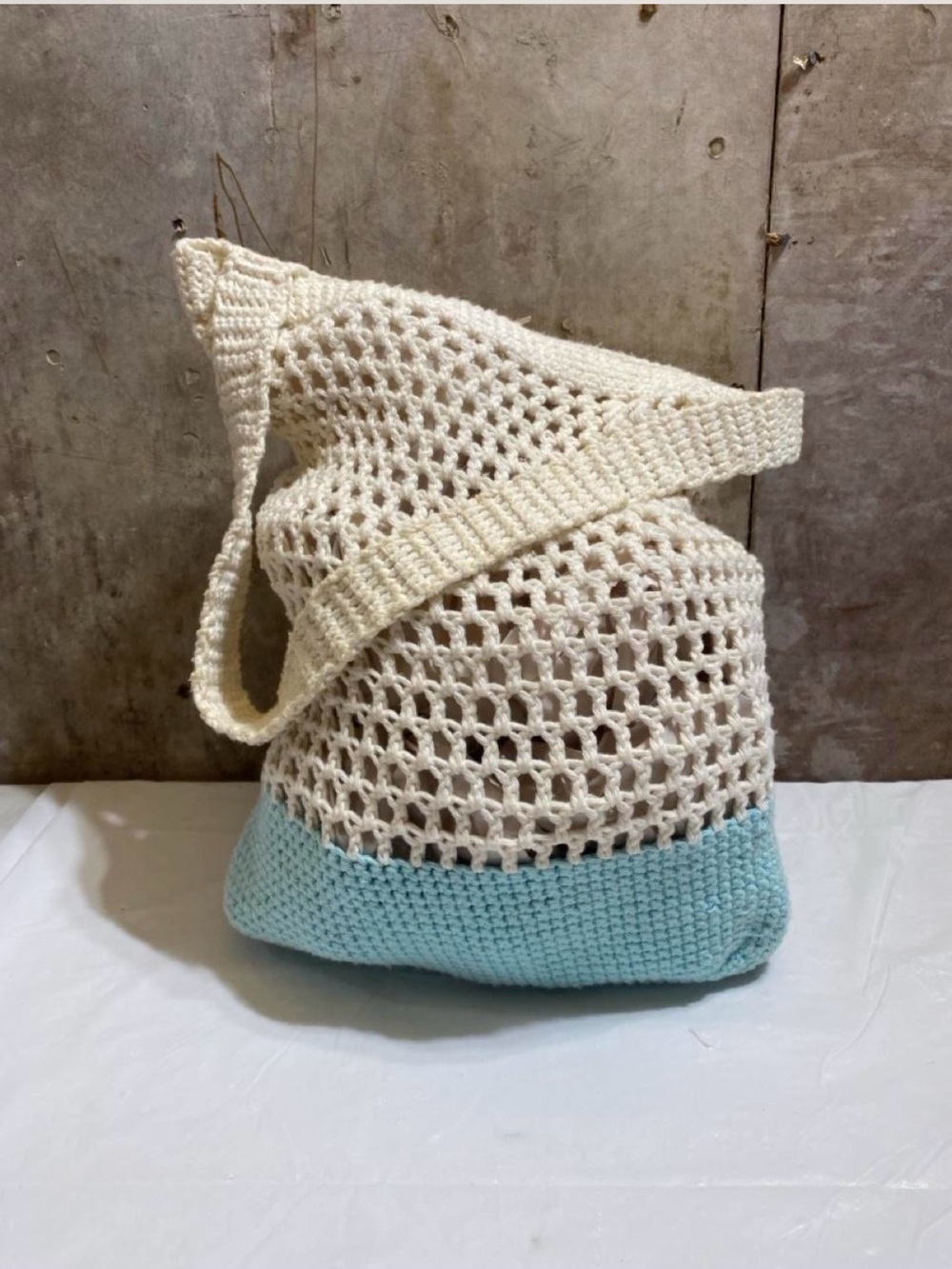 Cream and Light Blue Crochet Tote Bag - Handcrafted Casual Carryall